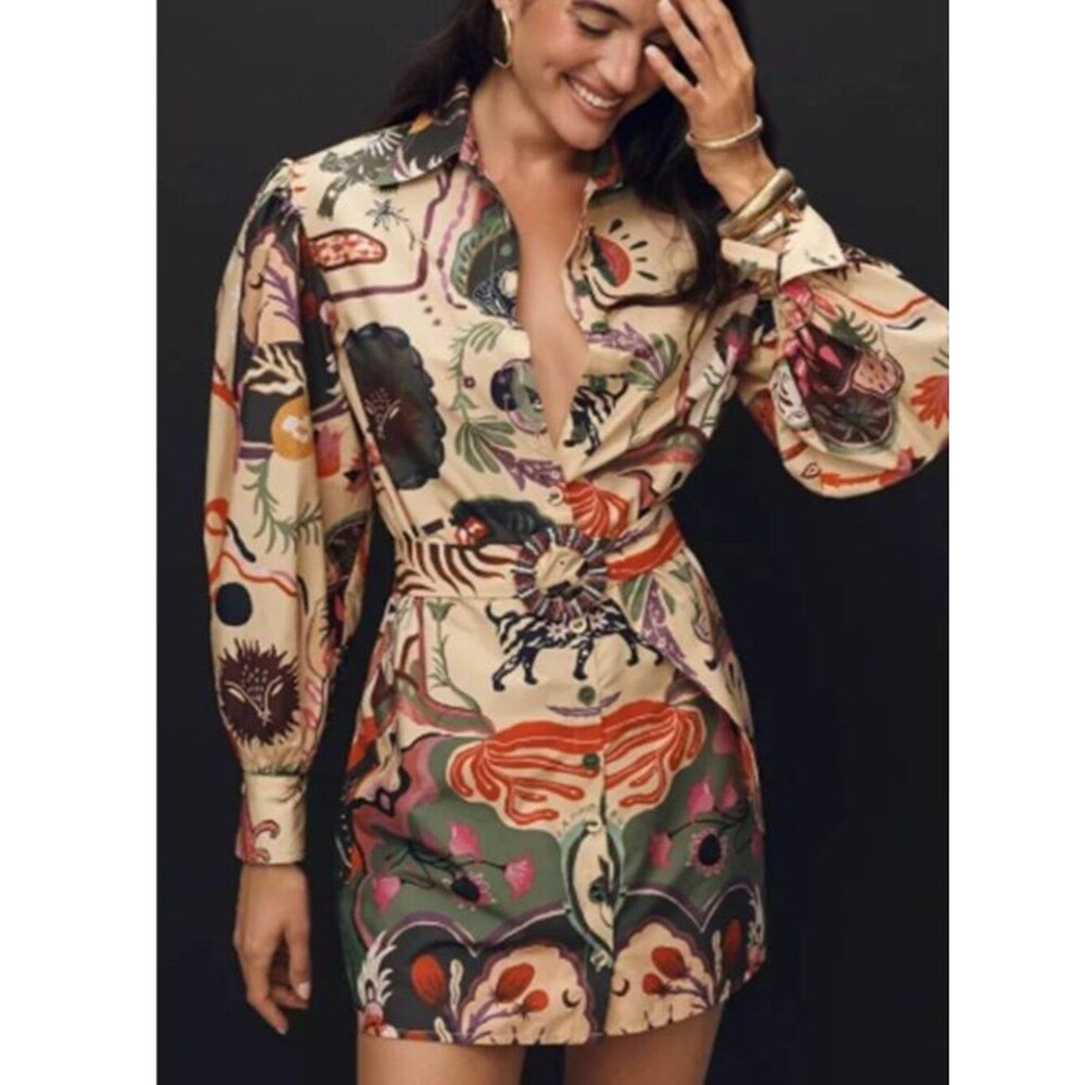 Farm Rio Artsy Surreal Land Beaded Belt Mini Dress Organic Cotton Soft Beige